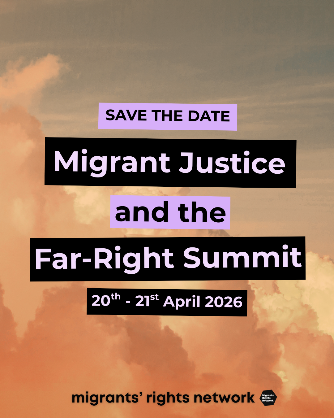 An abstract collage image consisting of a green sky with the outline of the world map in the background. Infront, there is a red hill, a grey border wall with barbed wire and a blue detention facility. In the foreground, there is an orange ocean, with white and purple refugee tents. Ontop of all this, there is a black MRN logo and a black text box, with text in yellow that reads: "migrant justice means decolonisation and border abolition"