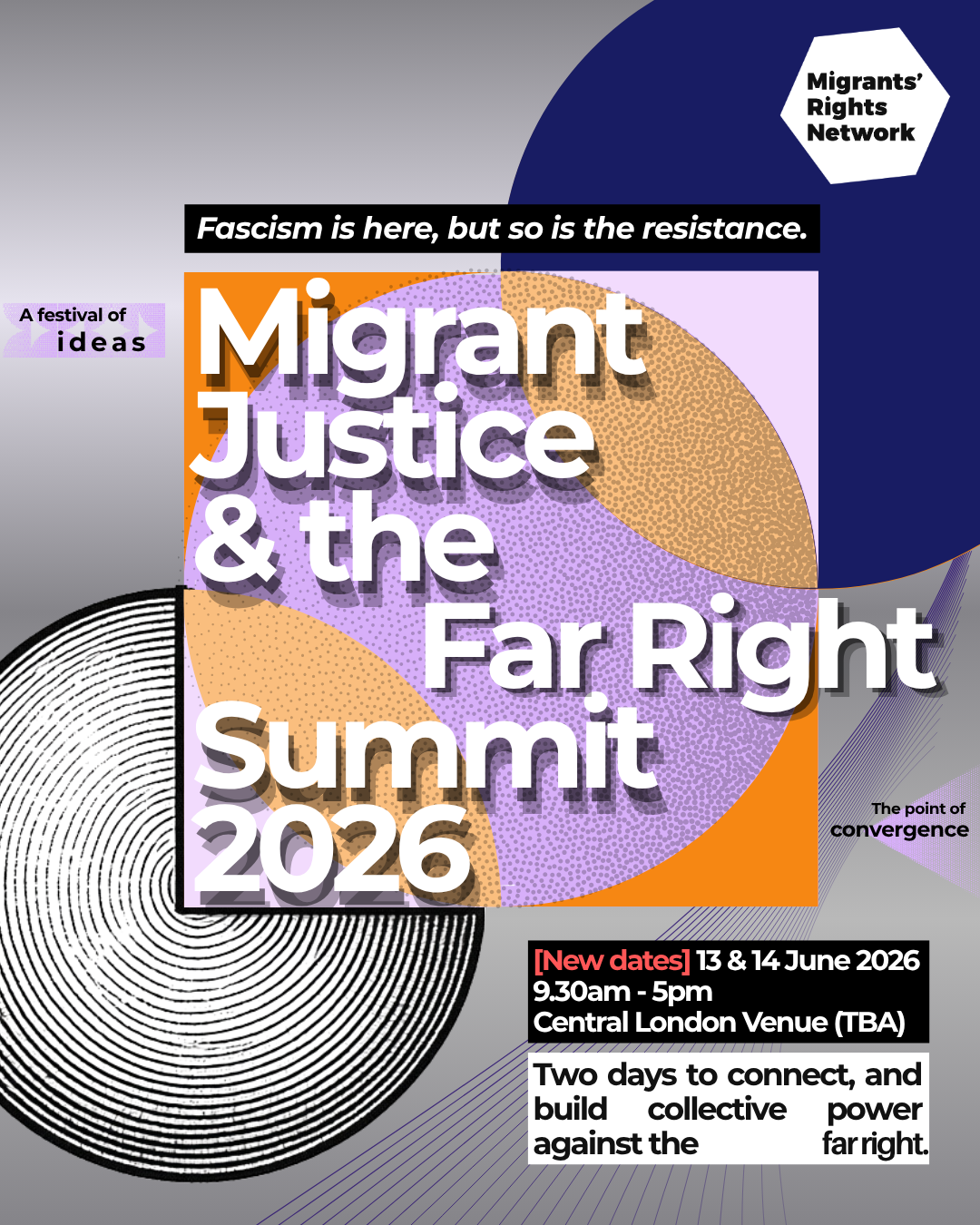 An abstract collage image consisting of a green sky with the outline of the world map in the background. Infront, there is a red hill, a grey border wall with barbed wire and a blue detention facility. In the foreground, there is an orange ocean, with white and purple refugee tents. Ontop of all this, there is a black MRN logo and a black text box, with text in yellow that reads: "migrant justice means decolonisation and border abolition"