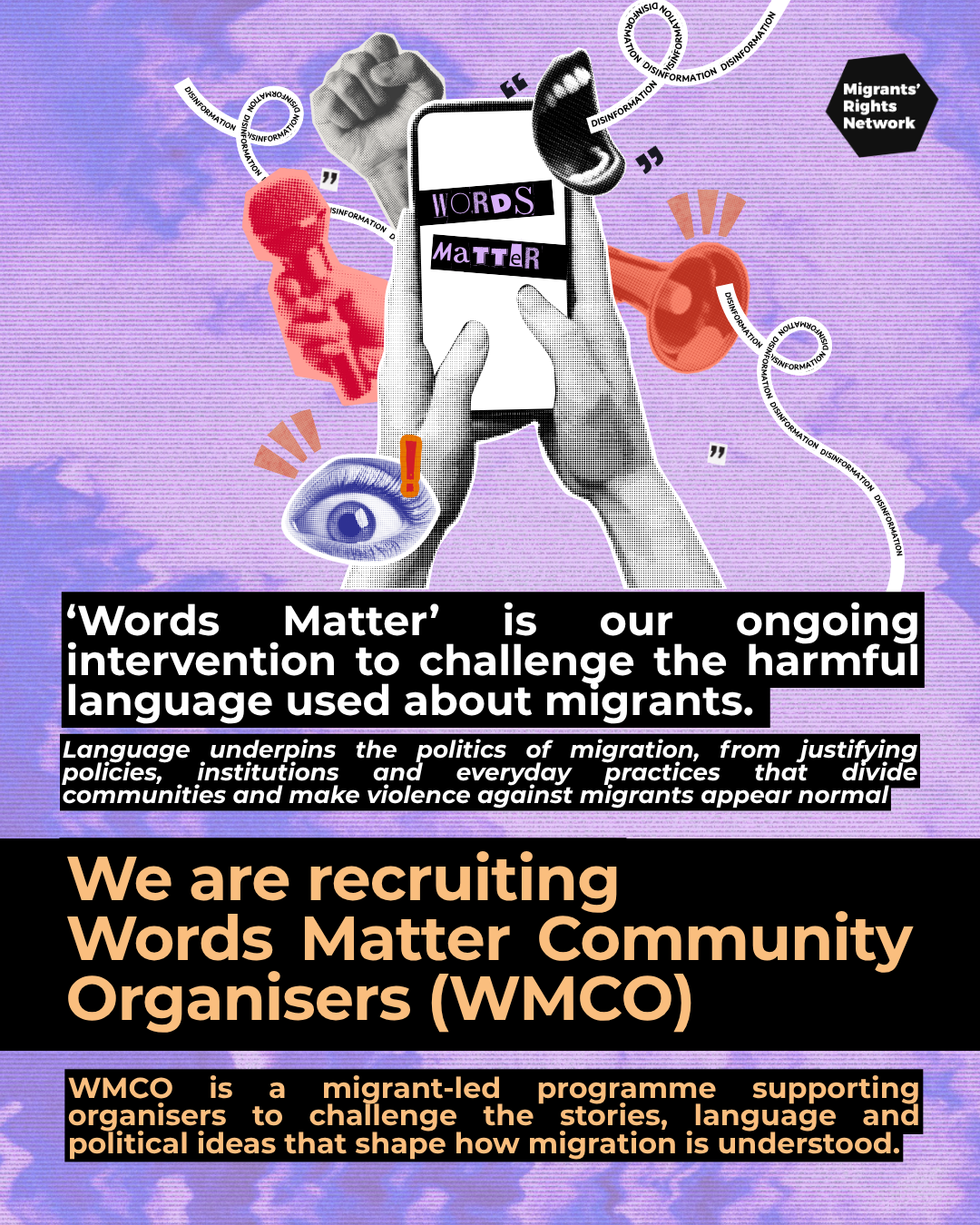 An abstract collage image consisting of a green sky with the outline of the world map in the background. Infront, there is a red hill, a grey border wall with barbed wire and a blue detention facility. In the foreground, there is an orange ocean, with white and purple refugee tents. Ontop of all this, there is a black MRN logo and a black text box, with text in yellow that reads: "migrant justice means decolonisation and border abolition"