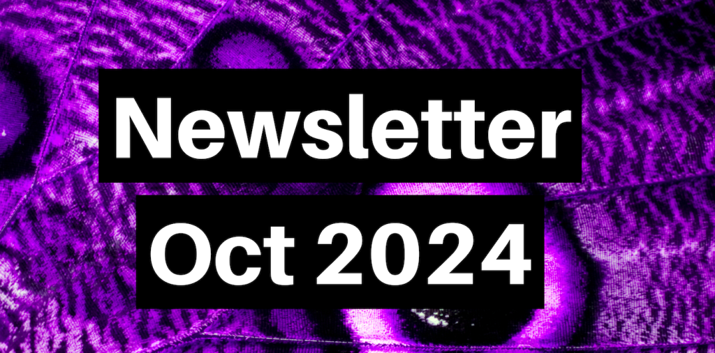 Purple butterfly wing in background. Text in black and white says: Newsletter Oct 2024