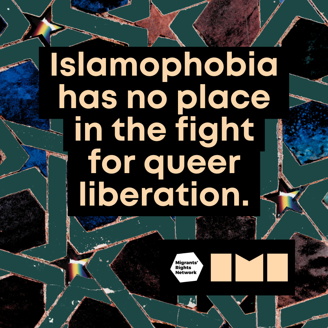 Green star geometric Islamic pattern background with red and blue and rainbows. MRN and Inclusive Mosque Initiative logos. The text reads: Islamophobia has no place in the fight for queer liberation.
