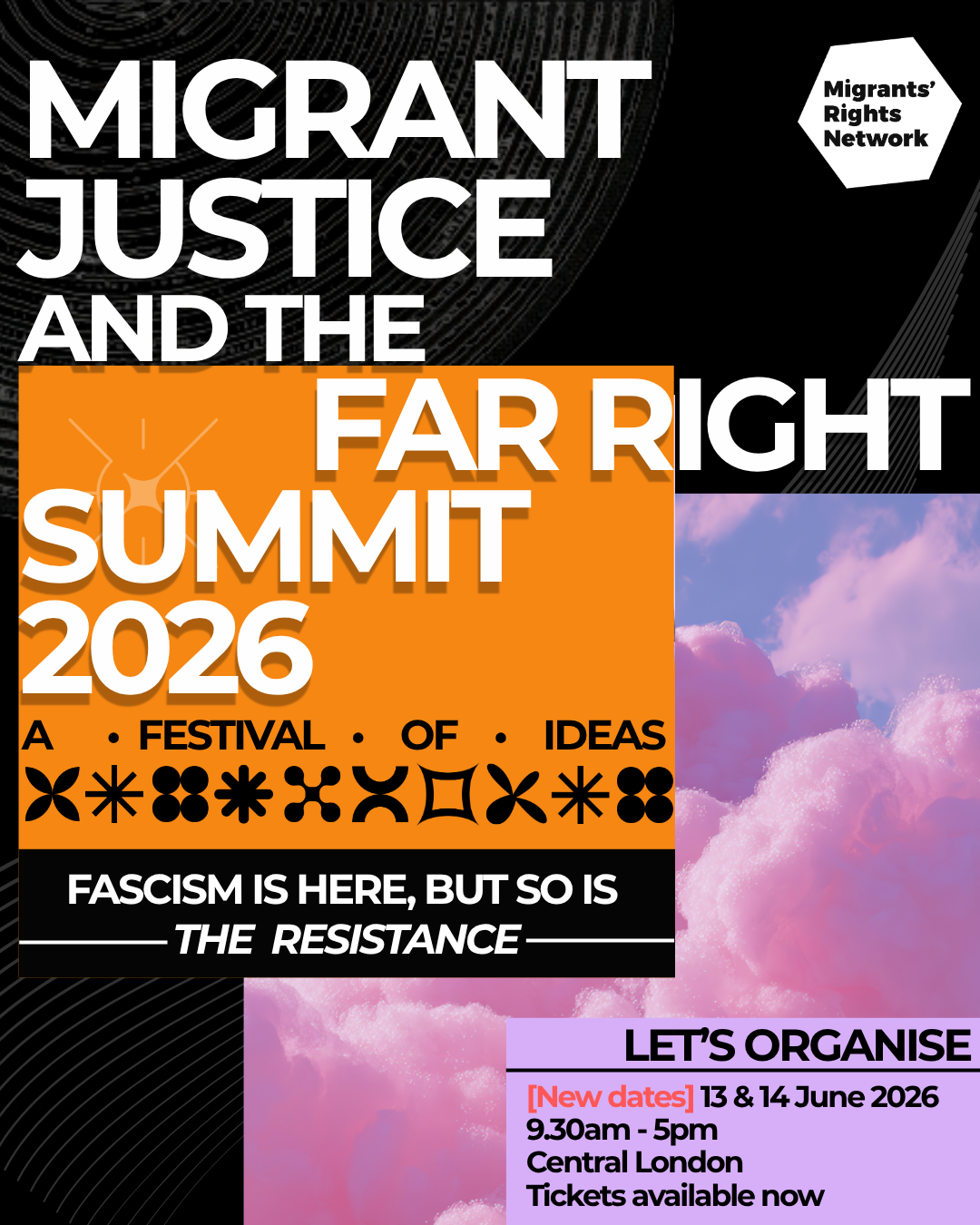 An abstract collage image consisting of a green sky with the outline of the world map in the background. Infront, there is a red hill, a grey border wall with barbed wire and a blue detention facility. In the foreground, there is an orange ocean, with white and purple refugee tents. Ontop of all this, there is a black MRN logo and a black text box, with text in yellow that reads: "migrant justice means decolonisation and border abolition"